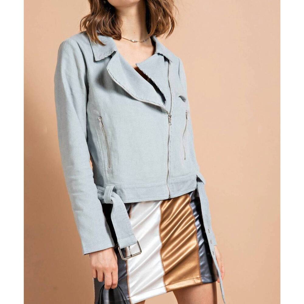 NEW KORI rhea, moto jacket, corduroy, collared, belt, zipper in ice blue